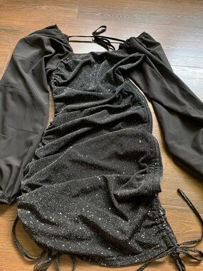 Black Glitter Ruched Mini Dress with Sheer Long Sleeves